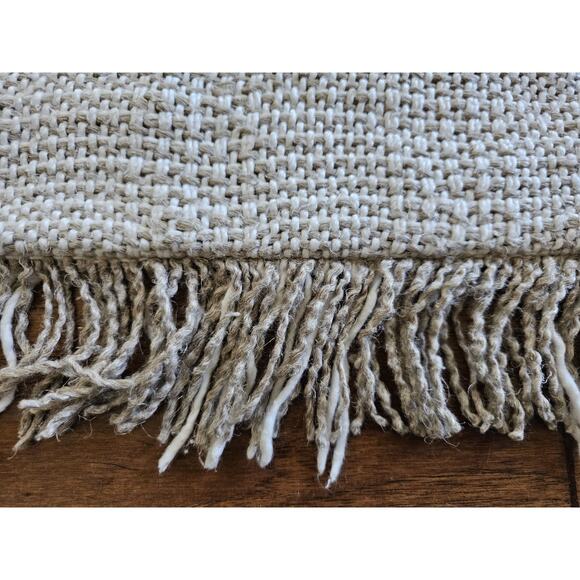 Pottery Barn Woven Plaid Fringe Pillow Cover 22"x22" Beige Linen Cotton Blend - Picture 2 of 8